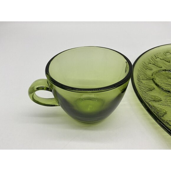 Vintage Sunburst Green by Indiana Glass Snack Plate & Cup Set Textured USA MCM - Picture 15 of 16